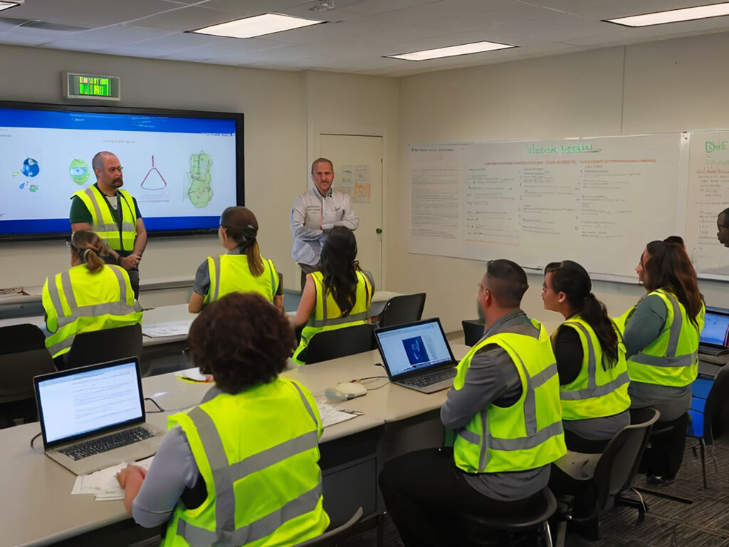 a classroom of 7 employees wearing green vests watching a training video