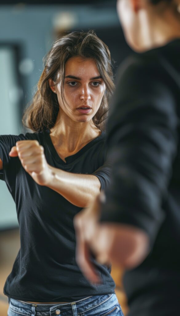 self defense training: woman learning techniques from instructor for personal safety and empowerment